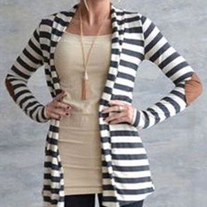 Gray & White Cardigan, Faux Suede Elbow Patches